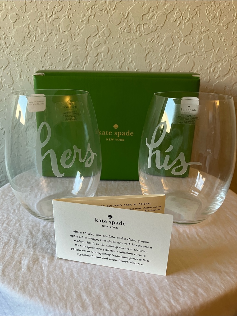 kate spade: Clear Stemless Wine Glasses- White 'his' and 'hers' Script- set of 2